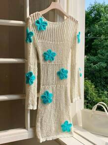 Comfortcana Women Summer Crochet Small Mesh Hollow Floral Decor Knitted Dress For Women - Apricot - View 3
