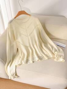 CosyJoli Plus Size Casual Doll Dress Hollow Textured Ruffle Cap Sleeve Crew Neck Sweater Autumn Winter Clothes For Women