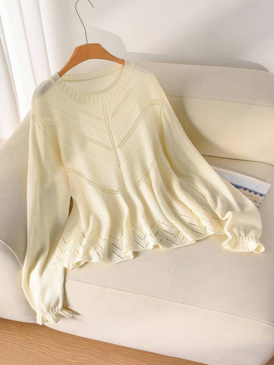 CosyJoli Plus Size Casual Doll Dress Hollow Textured Ruffle Cap Sleeve Crew Neck Sweater Autumn Winter Clothes For Women