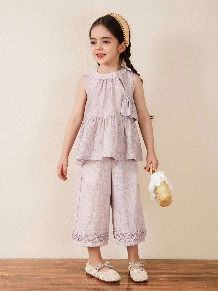 Young Girls Casual Round Neck Nature Style Sleeveless Blouse & Wide Leg Loose Pants 2pcs Set