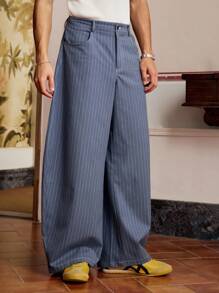 SWAVVY 标准尺寸男士时尚休闲超宽松蓝色条纹刺绣长裤 - 淺色水洗藍 - 查看 6