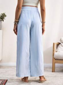 SHEIN Elastic Waist Striped Wide Leg Pants For Maternity - Blue - View 3