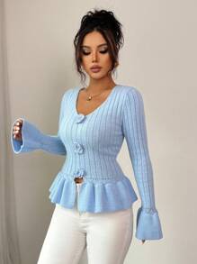 Elenzga Minimalist Fashion Hollow Out Lace Trim Pullover Flare Sleeve Knit Sweater Knit Pullover Fall Winter - Baby Blue - View 4