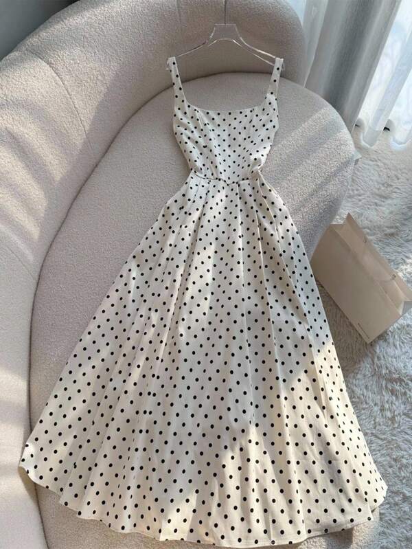 Cévolie Rochie maxi de damă vintage în stil franțuzesc cu buline pe plajă, cu bretele spaghete