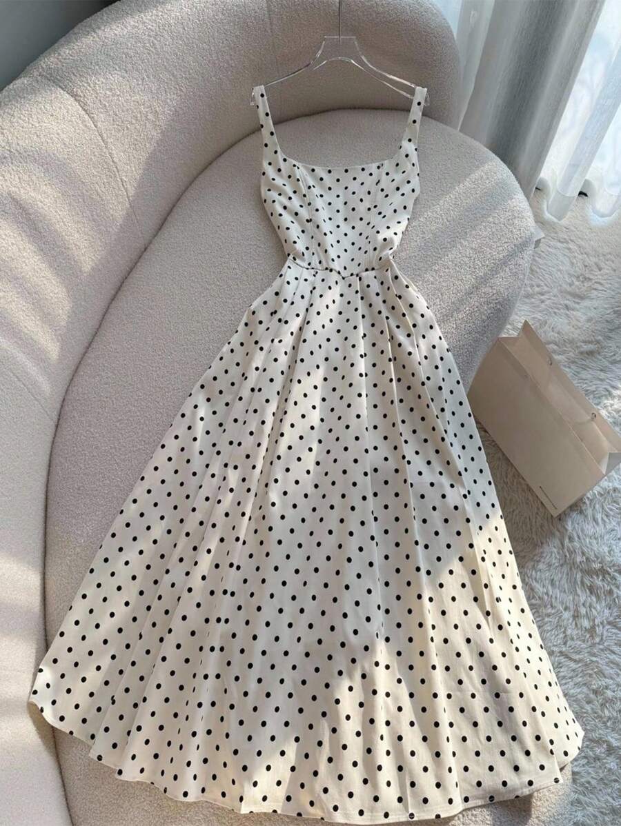 Cévolie Vestido largo de tirantes finos con estampado de lunares en estilo vintage francés para playa y vacaciones