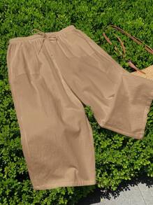 Comfortcana Quần dài ống rộng kaki cạp rút thường ngày cỡ lớn cho nữ, quần áo nữ 100% cotton, trang phục giáo viên cho nữ - Màu Khaki - Xem 4