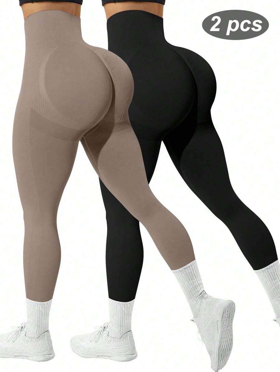 Gameset SHEIN Sport 2件套女士高腰透气无缝弹力运动紧身裤瑜伽裤 - 彩色 - 查看 1