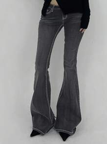 DAZY Jeans évasés à taille basse, effet vintage lavé, avec col contrasté et ourlet brut pour femmes - Noir - Voir 2