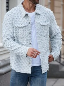 Manfinity Homme Plus Size Men's Front Button Frayed Trim Long Sleeve Denim Shirt, Textured Denim Jacket, Fall - Blue - View 1
