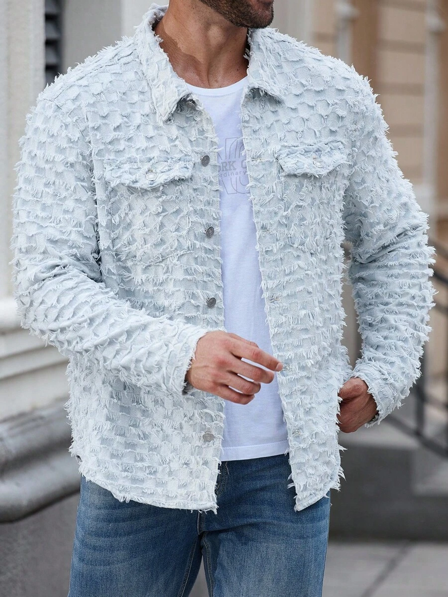 Manfinity Homme Plus Size Men's Front Button Frayed Trim Long Sleeve Denim Shirt, Textured Denim Jacket, Fall - Blue - View 1