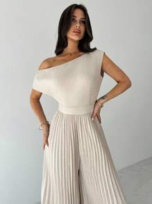 Firerie 女式卡其色斜肩不对称褶皱长款连体裤，优雅日常通勤连体裤，卡其色连体裤，宽松腿部连体裤，春夏装，通勤，优雅，工作服，职业装 - 卡其色 - 查看 4