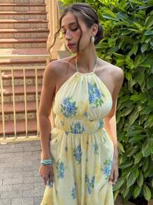 Aloruh New Summer Vacation Style Pressed Floral Print Backless Sexy Long Maxi Dress, Yellow Nature Inspired Backless Beach Dress - Yellow - View 3