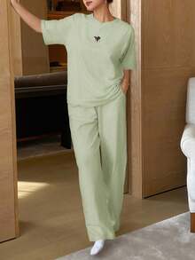 DAZY 简约可爱卡通图案印花插肩袖宽松睡衣套装 - 薄荷綠 - 查看 5