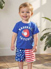Cozy Pixies Baby Boys 4th Of July US Flag & Letter Print Short Sleeve T-Shirt And Red White Blue Printed Shorts Set, Summer Outfits, Independence Day Clothing - Blue - View 8