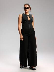 LYSMO Plus Size Women Sleeveless Solid Color Zipper Front Hollow Out Sexy Bodycon Tank Tops, Spring/Summer