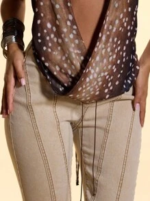 MUSERA Cowl Neck Plunge Front Animal Print Top Birthday Vacation Holiday Festival Sexy Club Aftershow Going Out Tops Club Party Fall Spring Summer - Brown - View 6