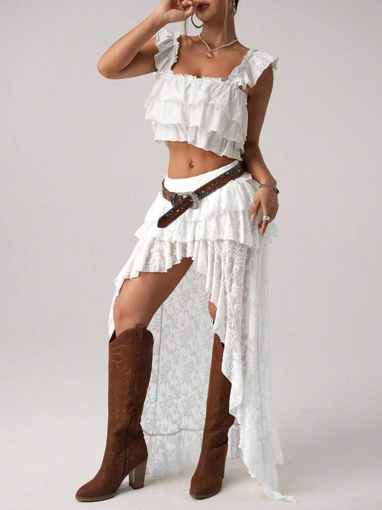 SHEIN ICON Falda de encaje de cintura extra baja con dobladillo irregular escalonado - Blanco - Ver 4