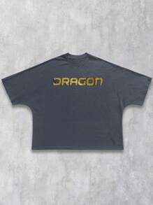 ROMWE MEN Anime Men's Summer Casual Dragon Print Short Sleeve T-Shirt - Dark Grey - View 3