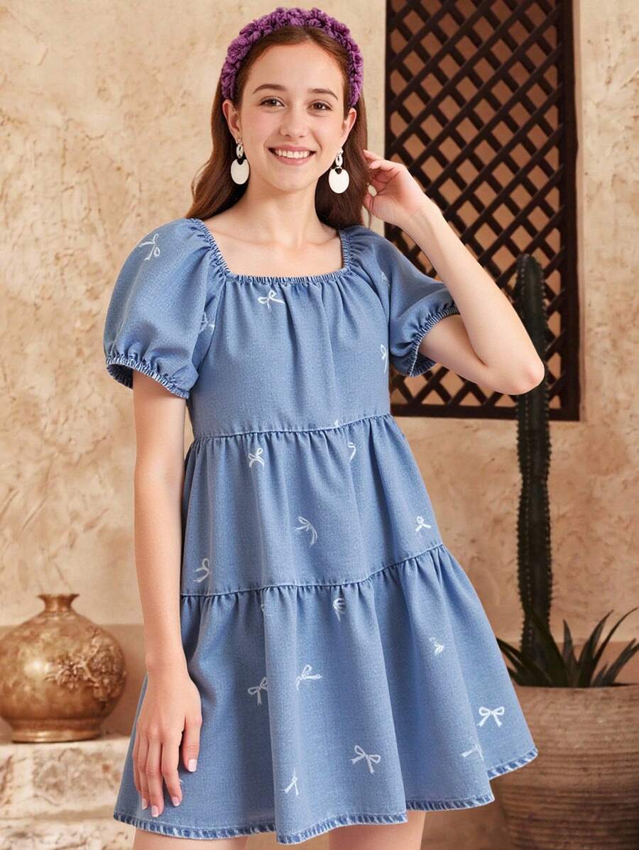 Teen Girls' Denim Dress, Puff Sleeve Bowknot All-Over Print Denim Blue Dress, Youthful Vibe And Design - Medium Wash - View 1