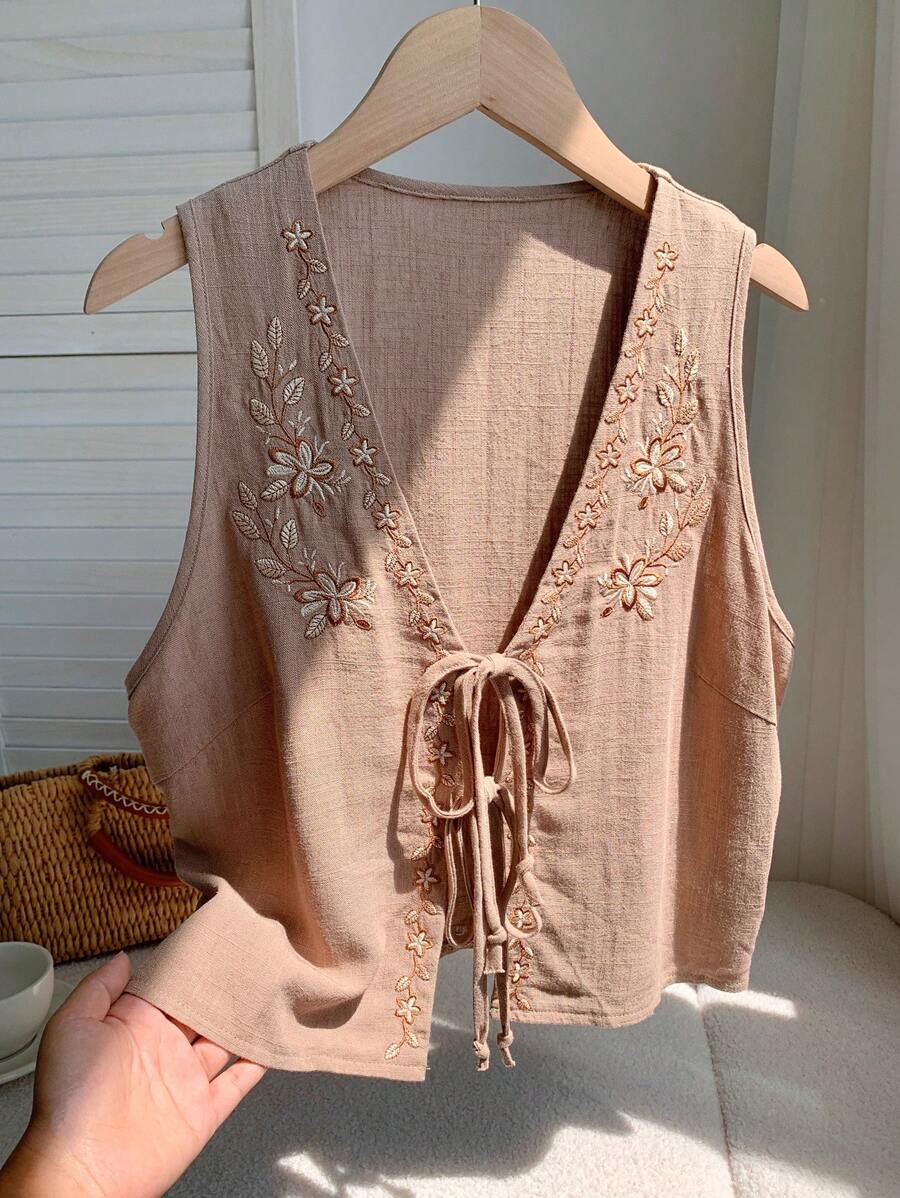 Comfortcana Áo cánh không tay thêu hoa màu nâu phong cách Boho mùa hè cho nữ - màu nâu - Xem 1