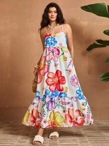 SHEIN VCAY 大码花卉印花细肩带休闲连衣裙 - 彩色 - 查看 4