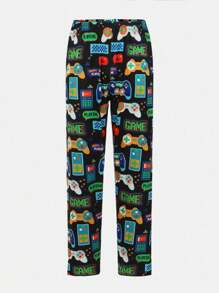 Conjunto de pijama de manga corta con estampado de control de juegos para adolescentes - Negro - Ver 8