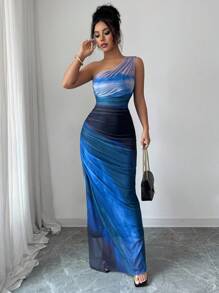 Rafferiza 渐变色高开叉不对称领褶饰薄纱长裙女装