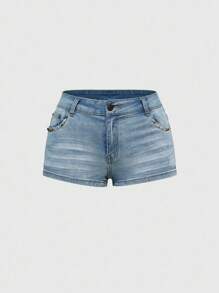 ROMWE Fairycore 女式复古 Y2K 超低腰超短做旧洗脸口袋蝴蝶图案铆钉牛仔短裤 - 淺色水洗藍 - 查看 2