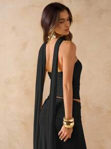 SHEIN BAE 两件套：纯色褶皱紧身胸衣短款上衣和低腰褶皱雪纺长裙，适合海滩度假，露背波西米亚连衣裙，适合夏季，女士音乐会服装，伴娘两件套 - 黑色 - 查看 8