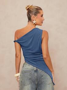 Lumalex Women Asymmetrical Twist Ruched Tight Fitting Top With Metal Decor - Dusty Blue - View 7