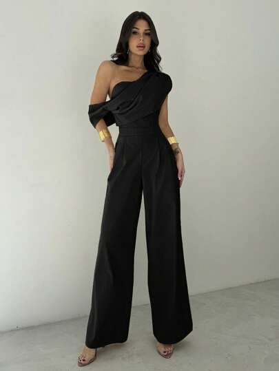 Firerie Women Modest Jumpsuit, Apricot Color Elegant Office & Holiday Oblique Shoulder Draped Bandeau Asymmetric Neckline Wide Leg Romper, Comfortable Teacher Outfits, Sleeveless Asymmetric Top With Pants, Suitable For Spring/Summer/Autumn/Winter, Beach Outfits, Airport Outfit, Vacation Outfits