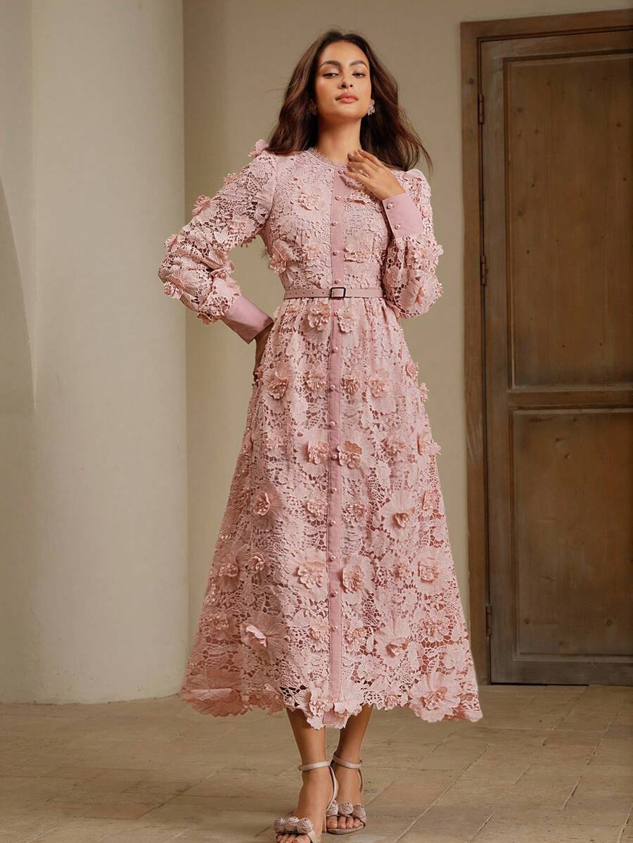 Anewsta Women's Elegant Round Neck 3D Floral Print Dress - Pink - View 1