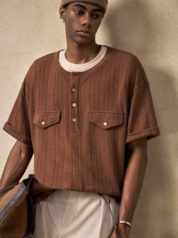 AKNOTIC Men's Knit Casual Daily Young Loose Short Sleeve T-Shirt Men Knit Tops Brown Top Men Mens Boxy Shirt Earthy Clothes Men Cropped Mens Shirts