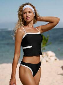 SHEIN Swim 女士新款运动分体泳衣套装，纯黑白拼色设计，自信舒适的沙滩比基尼 - 黑與白 - 查看 4