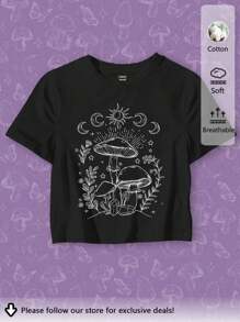 Tseoso 休闲蘑菇图案圆领短袖紧身短款女士棉质T恤，适合夏季 - 黑色 - 查看 2