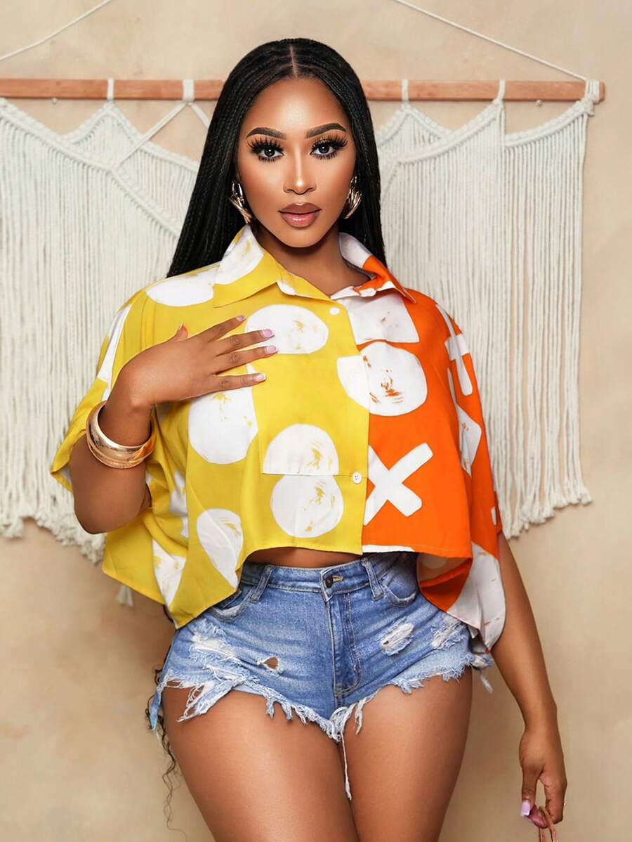 BamGleam Áo sơ mi đơn hàng thường ngày in họa tiết hình học màu khối cho nữ - Nhiều màu - Xem 1