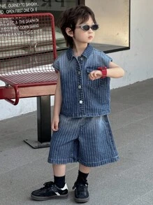 Dazy Kids 小男孩条纹单排扣休闲衬衫和宽松牛仔短裤套装