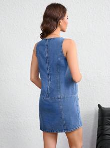 SHEIN Vestido casual de embarazo de mezclilla sin mangas, para el verano - Azul lavado medio - Ver 2