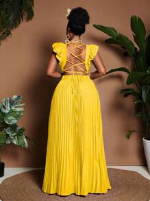 Maweii Plus Size V-Neck Ruched Back Tie-Shoulder Elegant Dress - Yellow - View 2