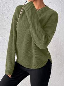 EMERY ROSE Women Solid Color Round Neck Drop Shoulder Casual Loose Pullover Sweater Knit Pullover Fall Winter - Army Green - View 3