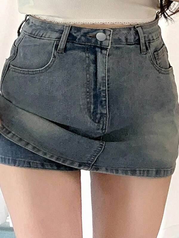 Dazy Plus Shorts de segurança lavados e desgastados com cintura envolvente, mini saia jeans, primavera/verão