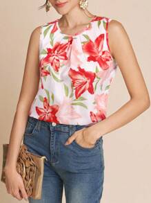 SHEIN Clasi 女式新款时尚花卉印花圆领无袖衬衫 - 紅色 - 查看 1