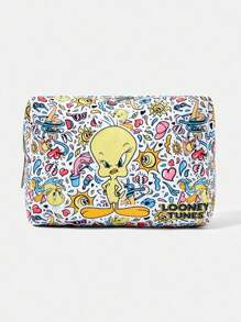 LOONEY TUNES X SHEIN 1 件卡通图案绗缝化妆包，带拉链的便携式化妆品收纳袋，多功能旅行收纳包，适合男女 - 彩色 - 查看 2