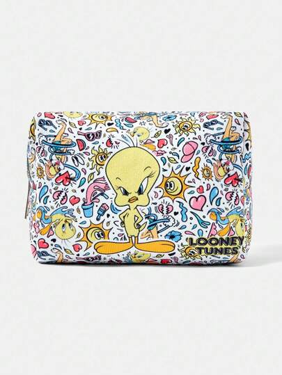 LOONEY TUNES X SHEIN 1 件卡通图案绗缝化妆包，带拉链的便携式化妆品收纳袋，多功能旅行收纳包，适合男女