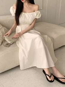 DAZY 女式休闲纯色泡泡袖褶皱紧身喇叭下摆连衣裙，夏季