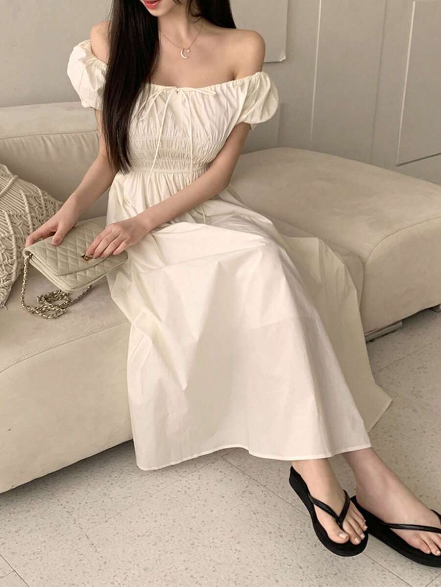 DAZY 女式休闲纯色泡泡袖褶皱紧身喇叭下摆连衣裙，夏季