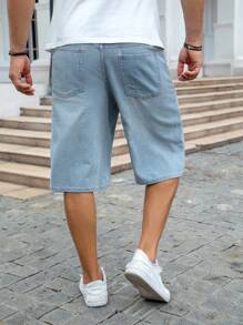 Manfinity Homme 男式宽松口袋休闲百搭牛仔百慕大短裤 - 淺色水洗藍 - 查看 2