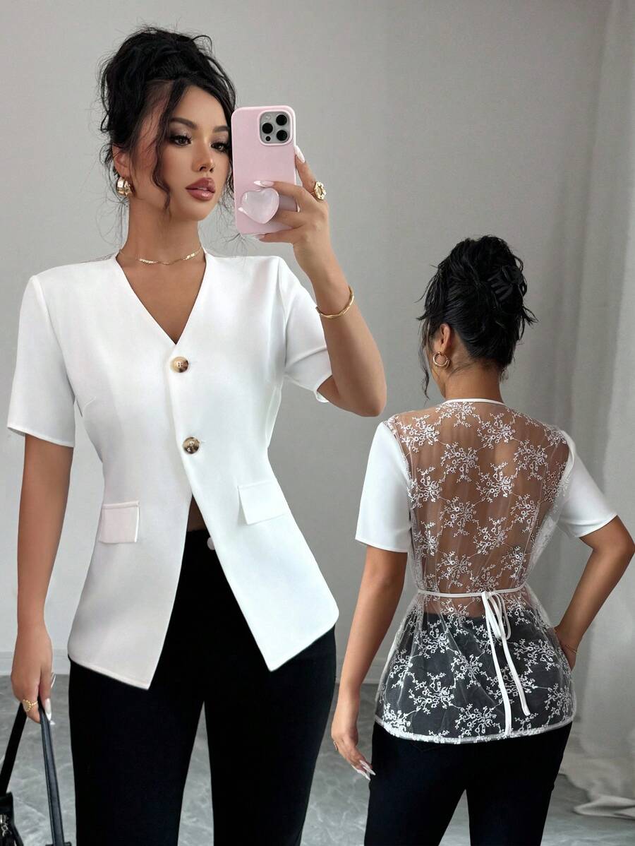 Selianne Women's Elegant White Summer Office Jacket,V-Neck Short Sleeve Contrast Lace Trim Cinched Waist Blazer,Suitable For Commuting,Dates & Daily Outings - White - View 1