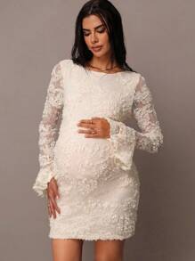 MaterniChic 孕妇纯色网眼拼接优雅长袖连衣裙 - 杏色 - 查看 4