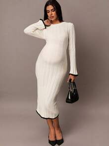 MaterniChic 女式长袖露背蝴蝶结针织连衣裙，秋冬款，孕妇毛衣裙 - 黑與白 - 查看 6